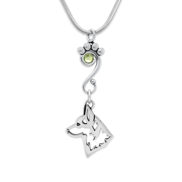 Pembroke Welsh Corgi Necklace Head Design with Peridot Crystal in Sterling Silver on Snake Chain.