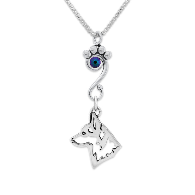 Pembroke Welsh Corgi Necklace Head Design with Scarabaeus Crystal in Sterling Silver on Box Chain.