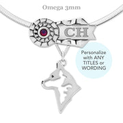 Rosette Ribbon Necklace That Can Be Personalized With a Title and Your Dogs Name and Choice of Over 30 Colors of Crystals, with an Australian Cattle Dog Head Design Pendant in Sterling Silver on Omega Chain.