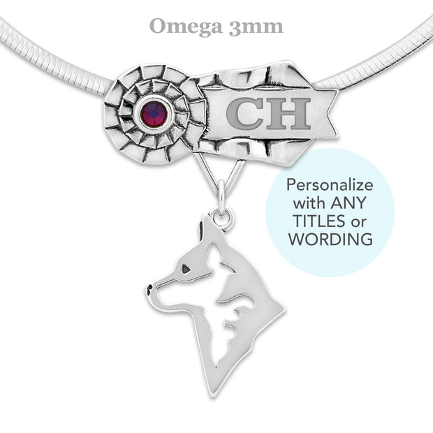 Rosette Ribbon Necklace That Can Be Personalized With a Title and Your Dogs Name and Choice of Over 30 Colors of Crystals, with an Australian Cattle Dog Head Design Pendant in Sterling Silver on Omega Chain.
