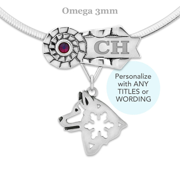 Rosette Ribbon Necklace That Can Be Personalized With a Title and Your Dogs Name and Choice of Over 30 Colors of Crystals, with an Alaskan Malamute Head Design Pendant in Sterling Silver on Omega Chain.