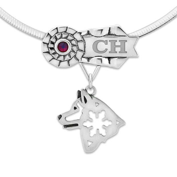 Rosette Ribbon Necklace That Can Be Personalized With a Title and Your Dogs Name and Choice of Over 30 Colors of Crystals, with an Alaskan Malamute Head Design Pendant in Sterling Silver on Omega Chain.