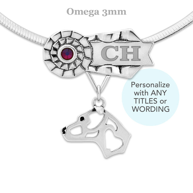 Rosette Ribbon Necklace That Can Be Personalized With a Title and Your Dogs Name and Choice of Over 30 Colors of Crystals, with an American Staffordshire Terrier Head Design Pendant in Sterling Silver on Omega Chain.