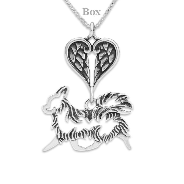 Chihuahua Sympathy Gift Necklace with Heart Shaped Angel Wing Pendant in Sterling Silver on Box Chain.