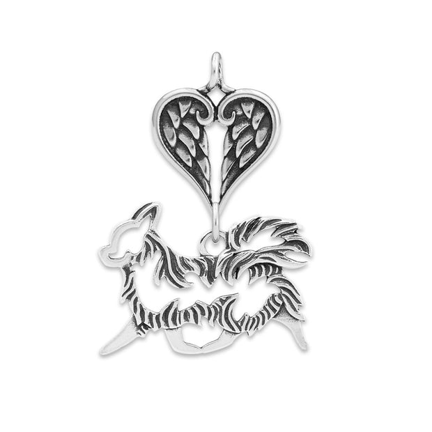 Chihuahua Sympathy Gift Pendant with Heart Shaped Angel Wing Pendant in Sterling Silver.
