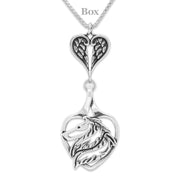 Collie Sympathy Gift Necklace with Heart Shaped Angel Wing Pendant in Sterling Silver on Box Chain.