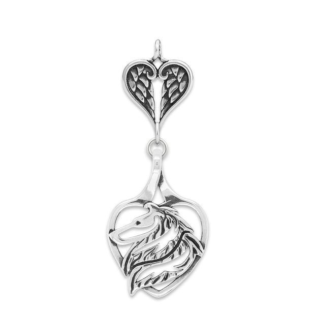 Collie Sympathy Gift Pendant with Heart Shaped Angel Wing Pendant in Sterling Silver.