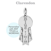 Reverse side silver ribbon shaped pendant with engraved text on a white background, featuring the 'Clarendon' font.
