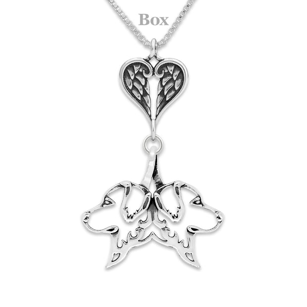 Golden Retriever Sympathy Gift Necklace with Heart Shaped Angel Wing Pendant in Sterling Silver on Box Chain.