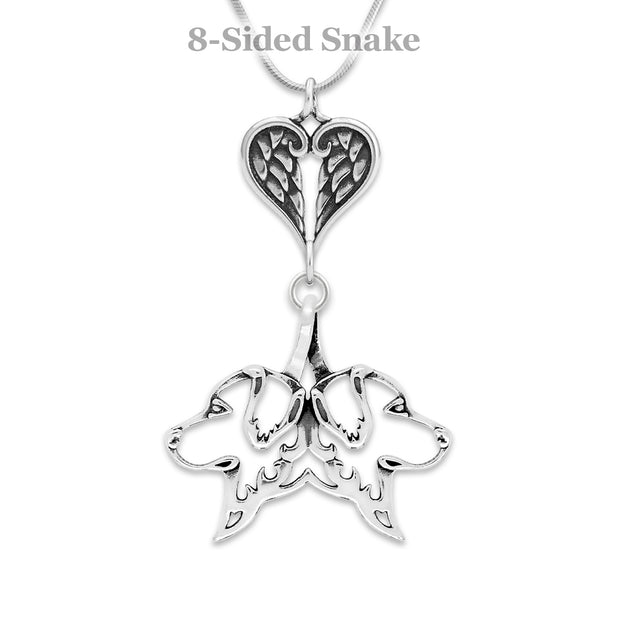 Golden Retriever Sympathy Gift Necklace with Heart Shaped Angel Wing Pendant in Sterling Silver on Snake Chain.