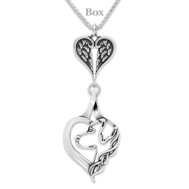 Golden Retriever Sympathy Gift Necklace with Heart Shaped Angel Wing Pendant in Sterling Silver on Box Chain.