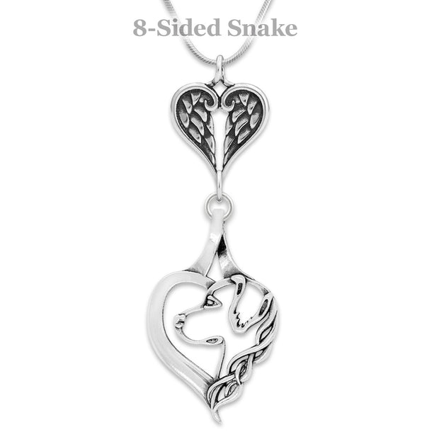 Golden Retriever Sympathy Gift Necklace with Heart Shaped Angel Wing Pendant in Sterling Silver on Snake Chain.