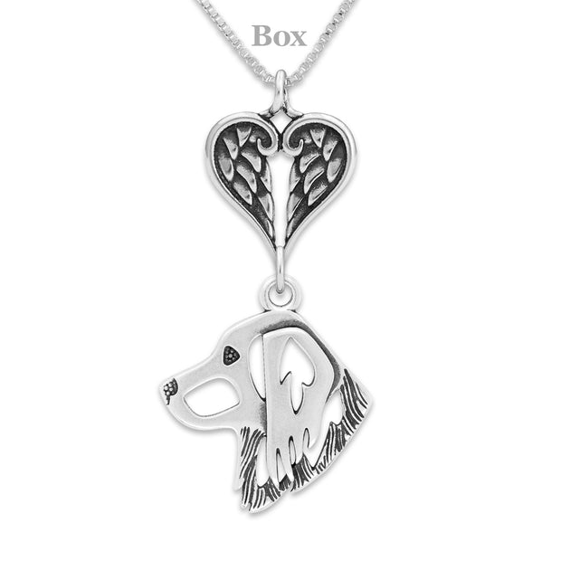 Nederlandse Kooikerhondje Sympathy Gift Necklace with Heart Shaped Angel Wing Pendant in Sterling Silver on Box Chain.