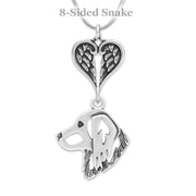 Nederlandse Kooikerhondje Sympathy Gift Necklace with Heart Shaped Angel Wing Pendant in Sterling Silver on Snake Chain.