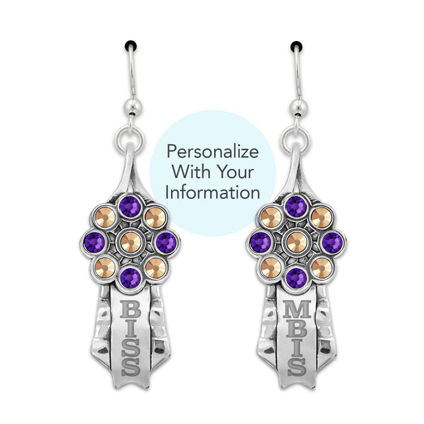 Personalized Crystal Rosette Ribbon Earrings in Sterling Silver, Championship Jewelry