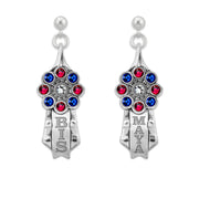 A pair of sterling silver ribbon earrings with a rosette design featuring multicolored crystals (red, blue, and clear) and personalized engravings, dangle post style.