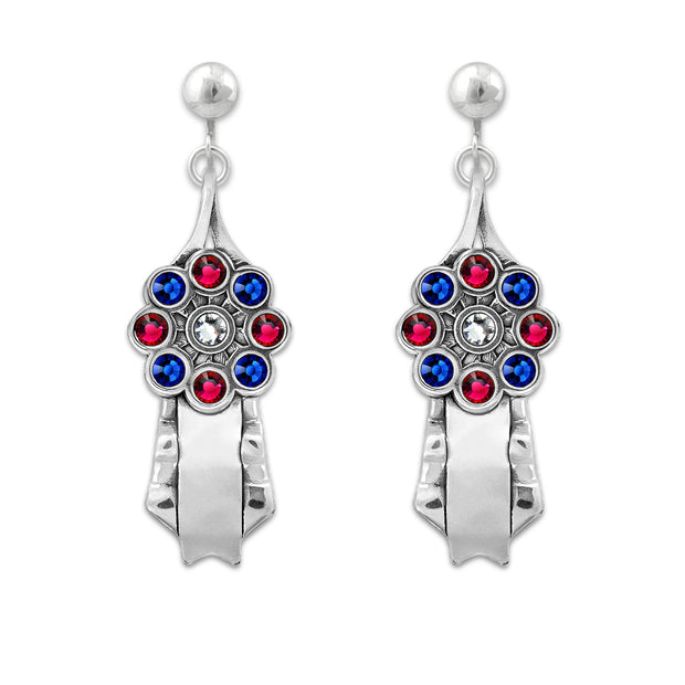 Personalized Crystal Rosette Ribbon Earrings in Sterling Silver, Championship Jewelry