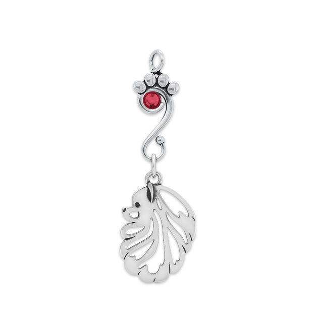 Pomeranian Pendant Head Design with Siam Crystal in Sterling Silver.