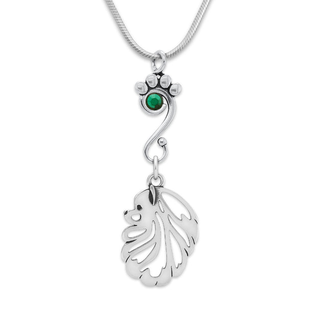 Pomeranian Necklace Head Design with Emerald Crystal in Sterling Silver on Snake Chain.
