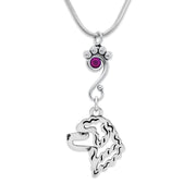 Portuguese Water Dog Necklace Head Design with Amethyst Crystal in Sterling Silver on Snake Chain.