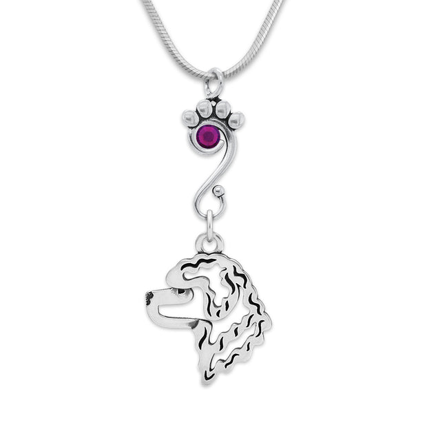 Portuguese Water Dog Necklace Head Design with Amethyst Crystal in Sterling Silver on Snake Chain.