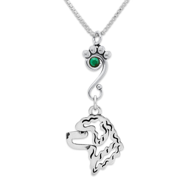 Portuguese Water Dog Necklace Head Design with Emerald Crystal in Sterling Silver on Box Chain.