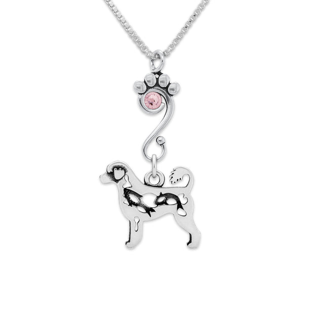 Portuguese Water Dog Necklace Body Design with Fish with Light Amethyst Crystal in Sterling Silver on Box Chain.