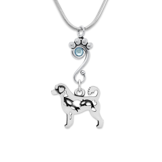 Portuguese Water Dog Necklace Body Design with Fish with Light Sapphire Crystal in Sterling Silver on Snake Chain.
