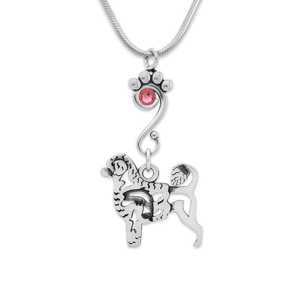 Portuguese Water Dog Necklace Body Design with Fish with Rose Crystal in Sterling Silver on Snake Chain.