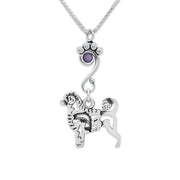Portuguese Water Dog Necklace Body Design with Fish with Tanzanite Crystal in Sterling Silver on Box Chain.