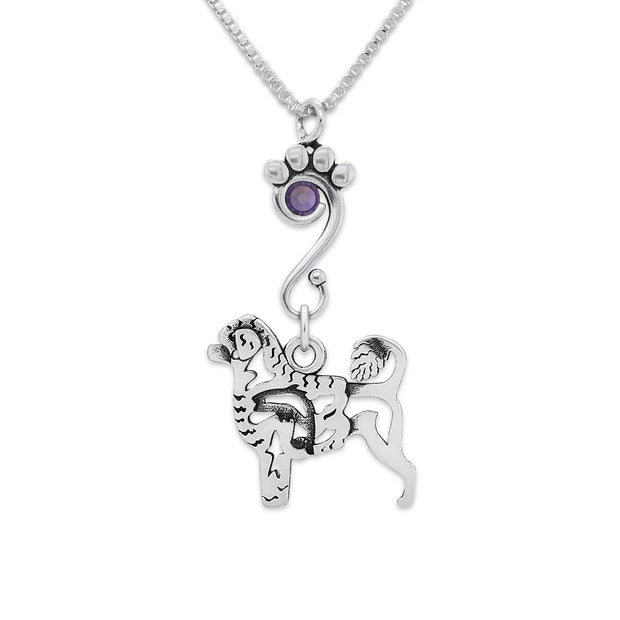 Portuguese Water Dog Necklace Body Design with Fish with Tanzanite Crystal in Sterling Silver on Box Chain.