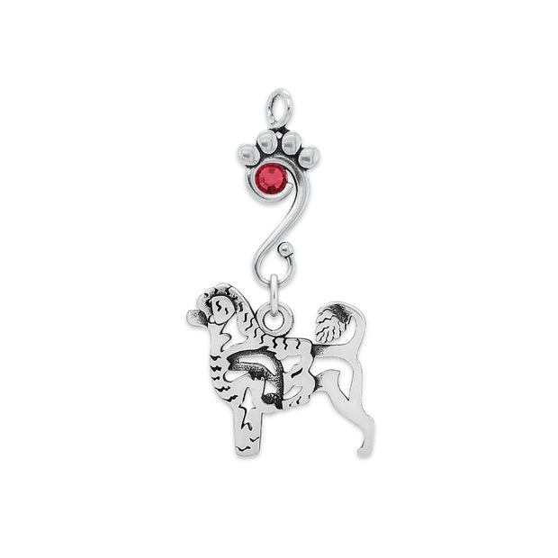 Portuguese Water Dog Pendant Body Design with Fish with Siam Crystal in Sterling Silver.