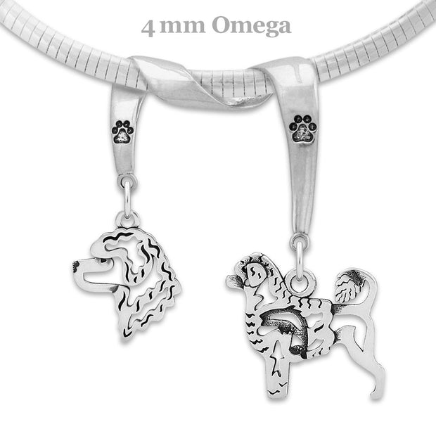 Portuguese Water Dog Necklace Head and Body Designs on Paw Print Charm Holder in Sterling Silver on Omega Chain.
