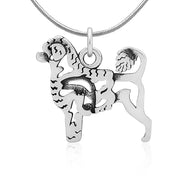 Portuguese Water Dog Necklace Body Design with Lion Cut and Fish in Sterling Silver on Snake Chain.