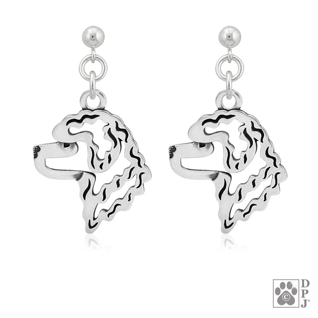 Sterling silver Portuguese Water Dog earrings head study on dangle posts, Portuguese Water Dog jewelry