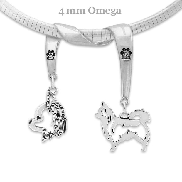 Chihuahua Necklace Head and Body Designs on Paw Print Charm Holder in Sterling Silver on Omega Chain.