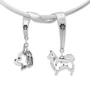 Chihuahua Necklace Head and Body Designs on Paw Print Charm Holder in Sterling Silver on Omega Chain.
