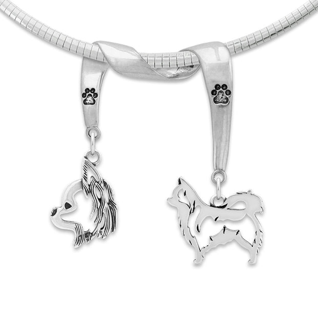 Chihuahua Necklace Head and Body Designs on Paw Print Charm Holder in Sterling Silver on Omega Chain.