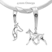 Doberman Pinscher Necklace Head and Body Designs on Paw Print Charm Holder in Sterling Silver on Omega Chain. 