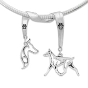 Doberman Pinscher Necklace Head and Body Designs on Paw Print Charm Holder in Sterling Silver on Omega Chain. 