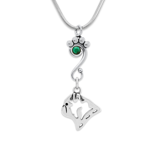 Pug Necklace Head Design with Emerald Crystal in Sterling Silver on Snake Chain.
