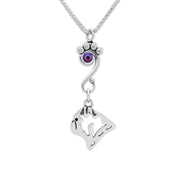 Pug Necklace Head Design with Fuchsia Crystal in Sterling Silver on Box Chain.