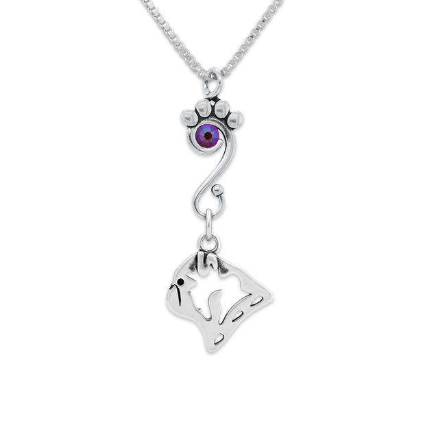 Pug Necklace Head Design with Fuchsia Crystal in Sterling Silver on Box Chain.