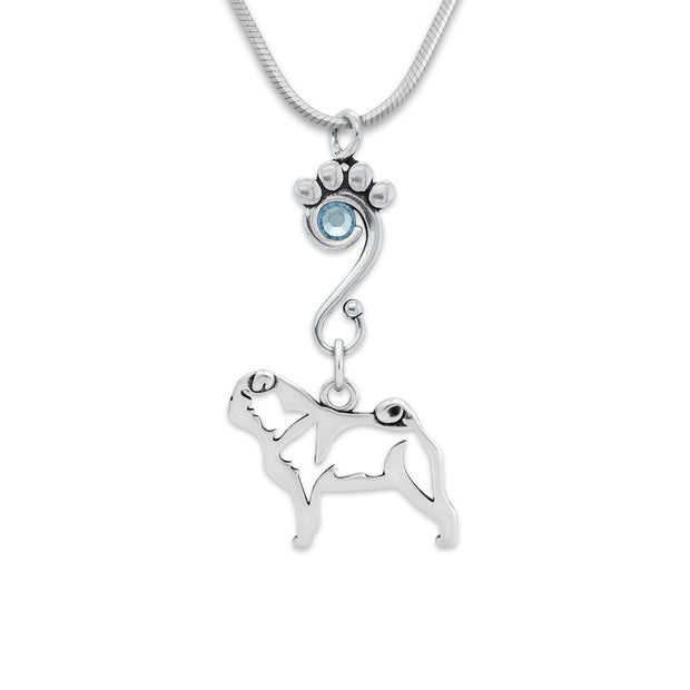 Pug Necklace Body Design with Light Sapphire Crystal in Sterling Silver on Snake Chain.