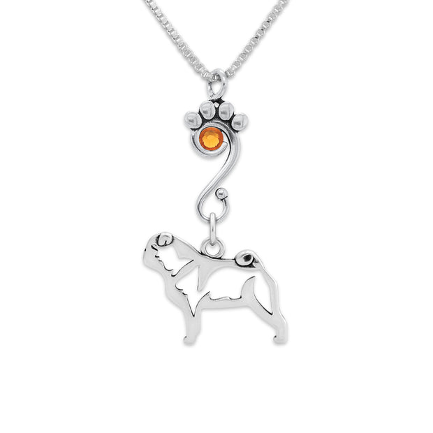 Pug Necklace Body Design with Topaz Crystal in Sterling Silver on Box Chain.