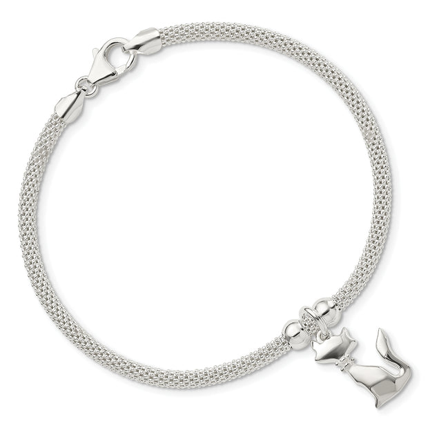 Kitty Cat Bracelet In Sterling Silver w/CZ Collar On Mesh Bracelet