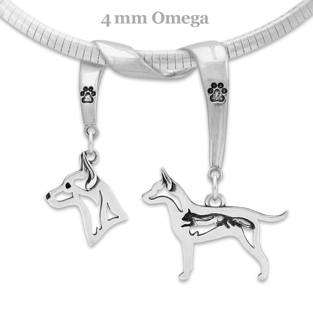 Rat Terrier Necklace Head and Body Designs on Paw Print Charm Holder in Sterling Silver on Omega Chain.