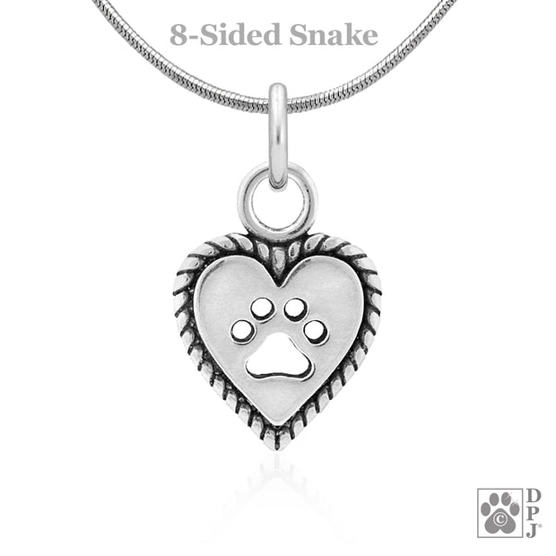 Heart and paw necklace jewelry charm with rope engraving around it, Cool gifts for dog lovers