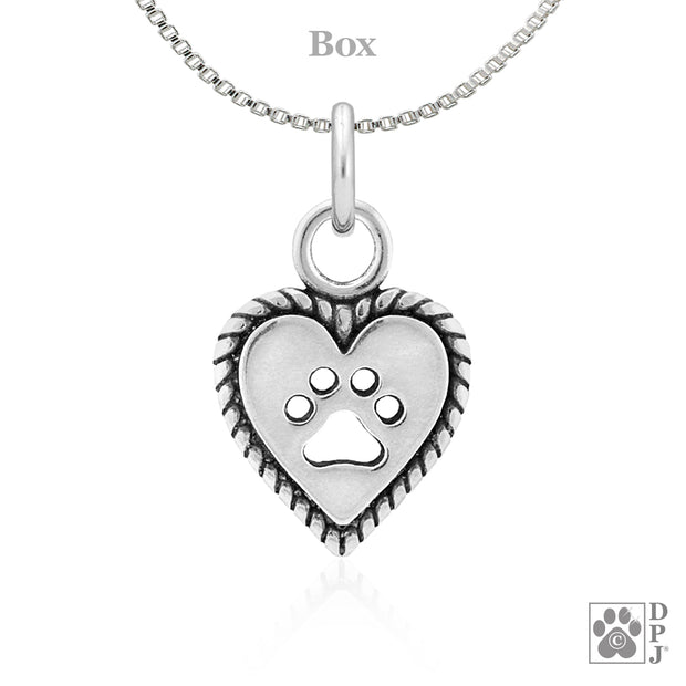 Heart shaped necklace pendant with paw print in the center, Sterling silver jewelry 