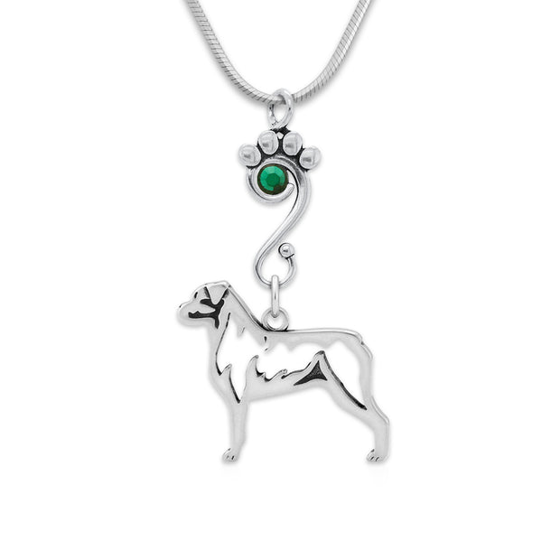 Rottweiler Necklace Body Design with Emerald Crystal in Sterling Silver on Snake Chain.